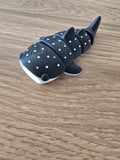3D printed articulated whale shark fidget toy in black with white spots
